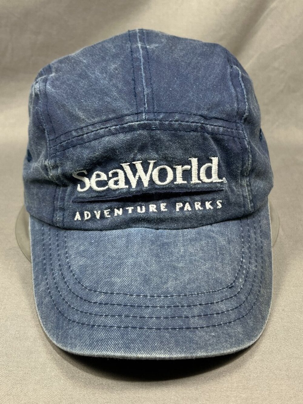 SeaWorld Adventure Park Strapback Hat Distressed Blue Denim 5 panel Dad Cap Mens